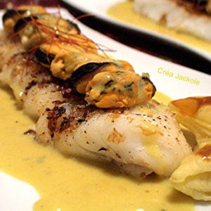 dos de cabillaud et moules sauce safranée étoilée