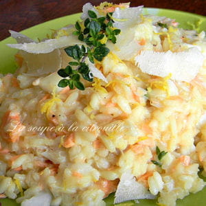 risotto citronné au saumon et au crabe 