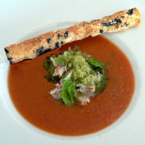 gazpacho alvalle, crabe et granité de basilic