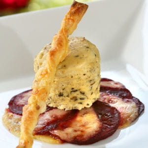 betterave gratinée au vieux comté et flan de morilles