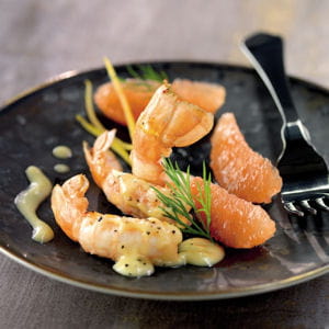 langoustines poêlées, salade de pamplemousse