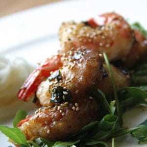 crevettes aux oignons de printemps et au miel