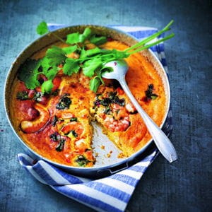 clafoutis de carottes, citronnelle et gambas