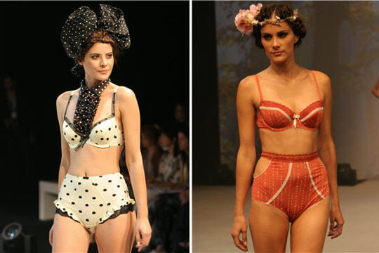 Ensemble culotte taille haute blanc à pois noir de Kostar et parure orange et blanc cassé de Mat