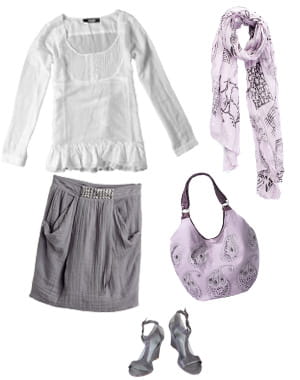 blouse bonobo (29,95 euros), jupe soft grey (39,90 euros), foulard eurodif