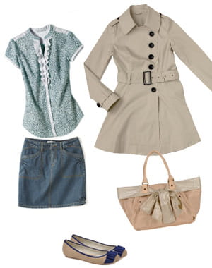 jupe somewhere (45 euros), chemise les 3 suisses (19 euros), trench mim
