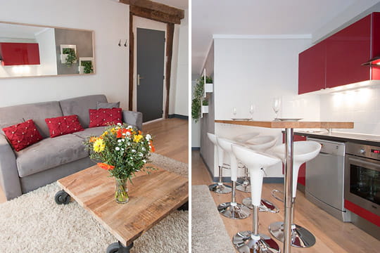Esprit loft dans un trois-pièces parisien : salon et cuisine